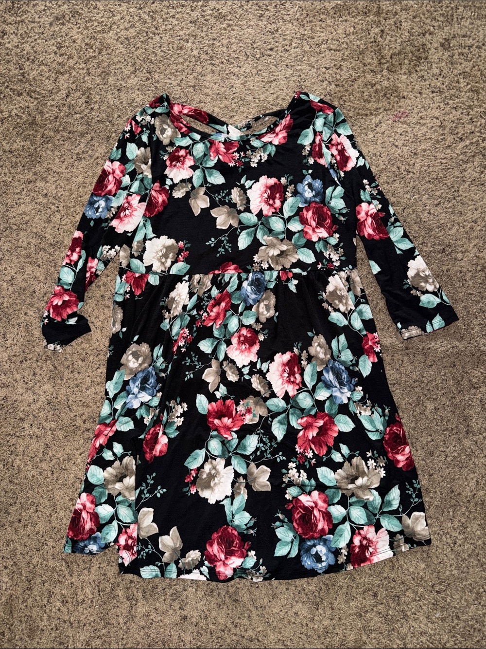 Honeyme Black Floral Midi Dress with Red, Teal, Blue, and Cream Blooms